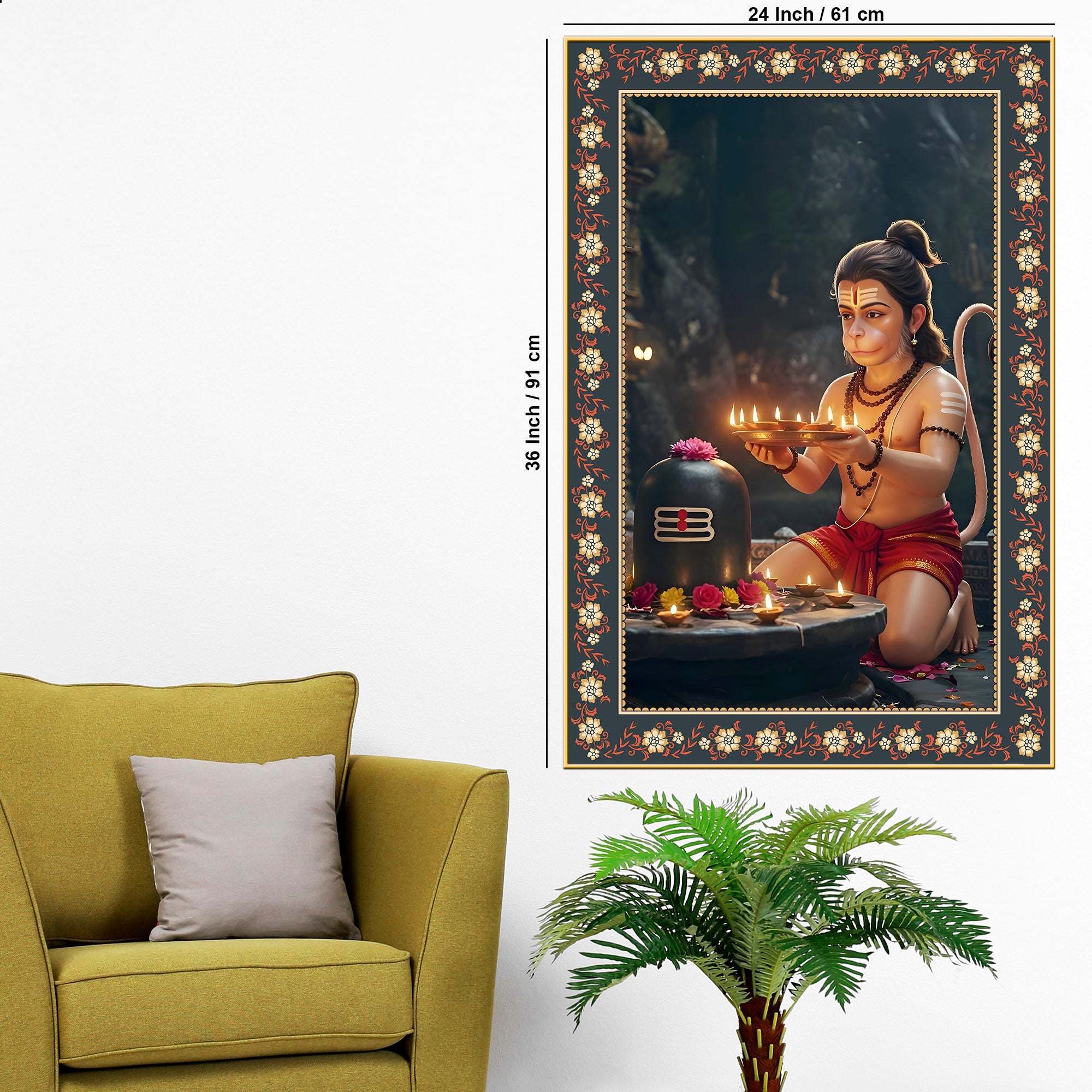 Bal Hanuman with Shivling Floral Border Vertical Wall Painting