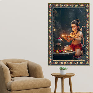 Bal Hanuman with Shivling Floral Border Vertical Wall Painting