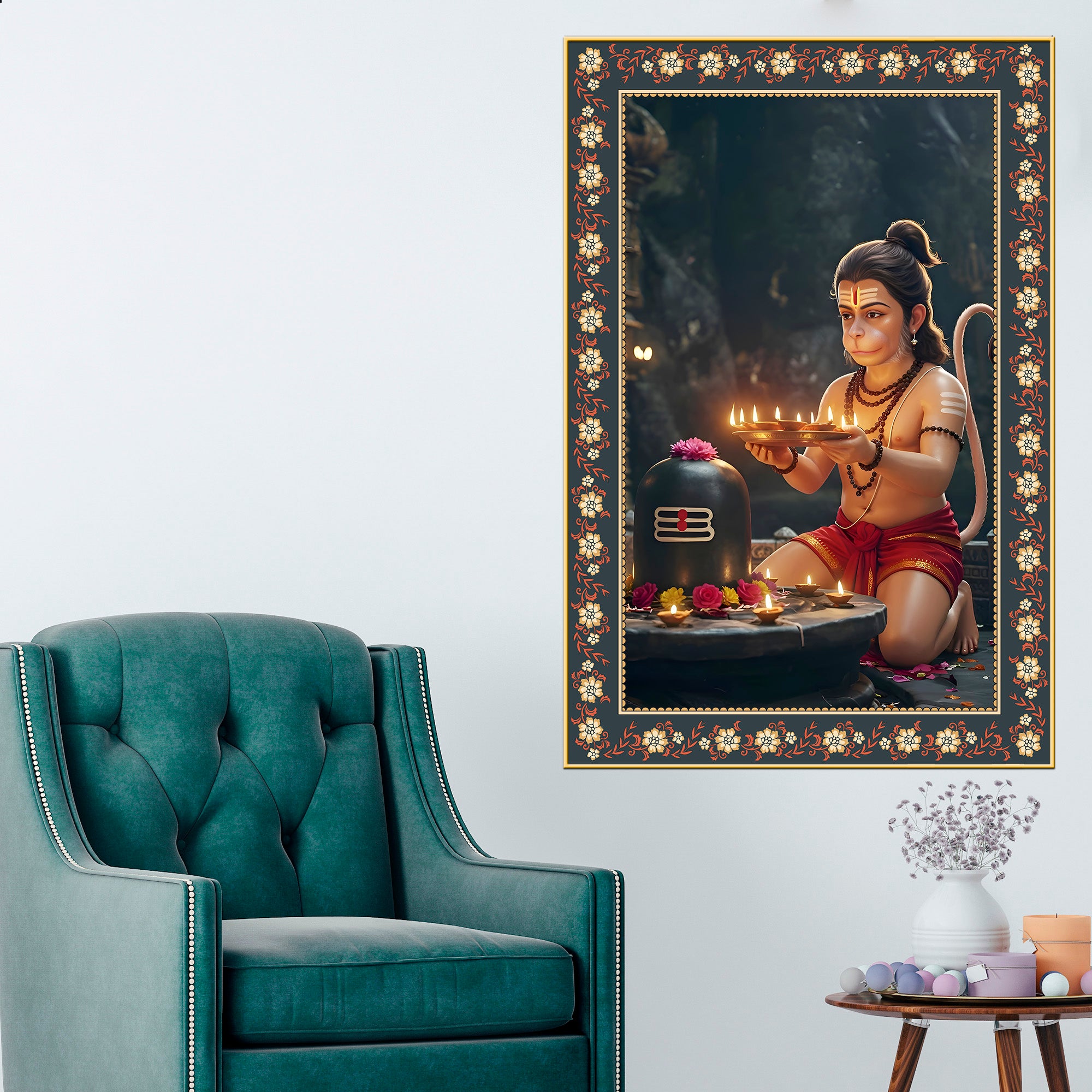 Bal Hanuman with Shivling Floral Border Vertical Wall Painting