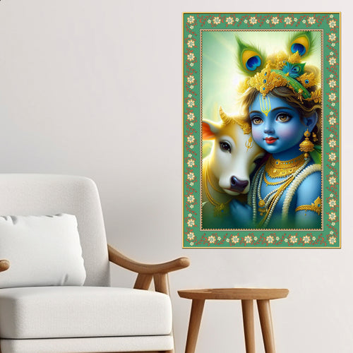 Bal Krishna with Cow Floral Border Vertical Wall Painting