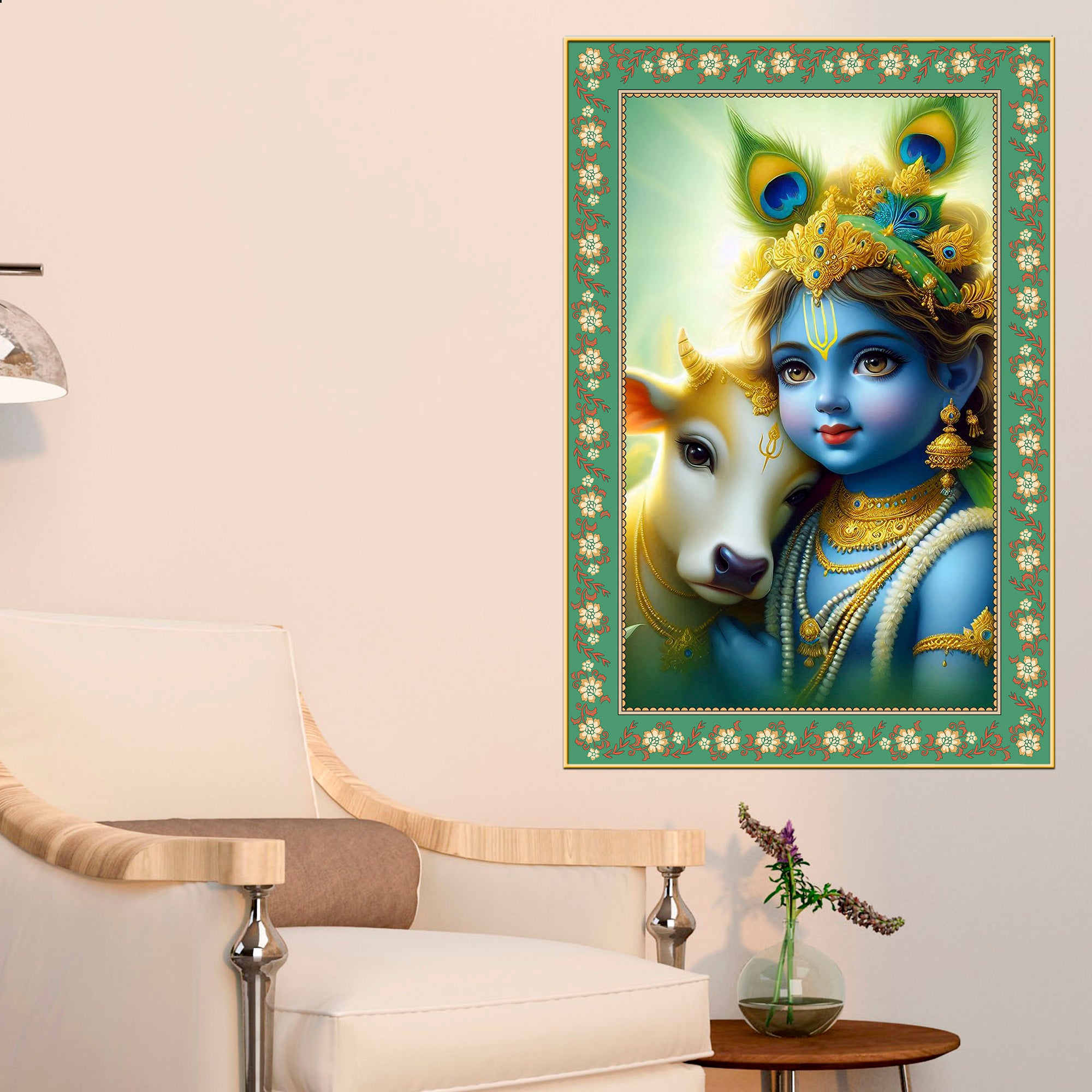 Bal Krishna with Cow Floral Border Vertical Wall Painting