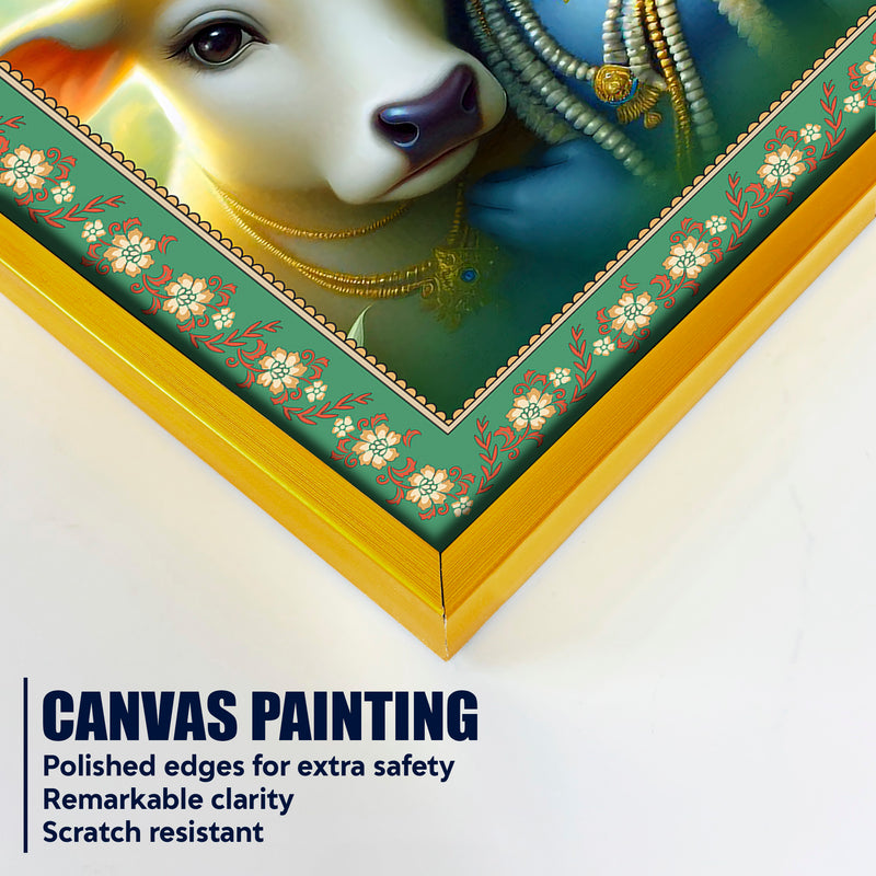 Bal Krishna with Cow Floral Border Vertical Wall Painting