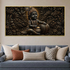 Bal Krishna with Maakhan Matki Golden Metallic Look 3D Canvas Wall Painting