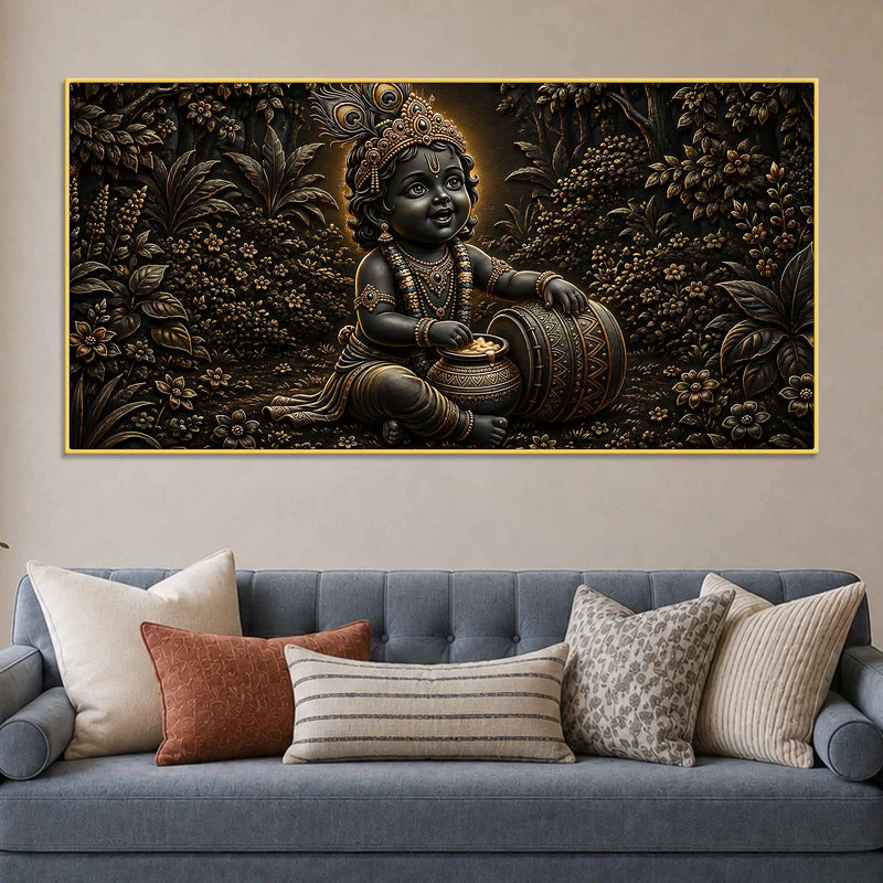 Bal Krishna with Maakhan Matki Golden Metallic Look 3D Canvas Wall Painting