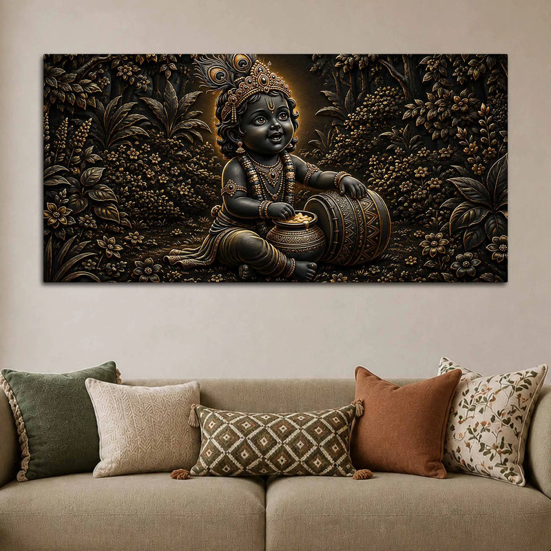 Bal Krishna with Maakhan Matki Golden Metallic Look 3D Canvas Wall Painting