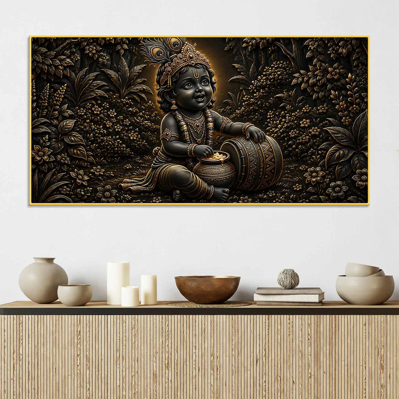 Bal Krishna with Maakhan Matki Golden Metallic Look 3D Canvas Wall Painting