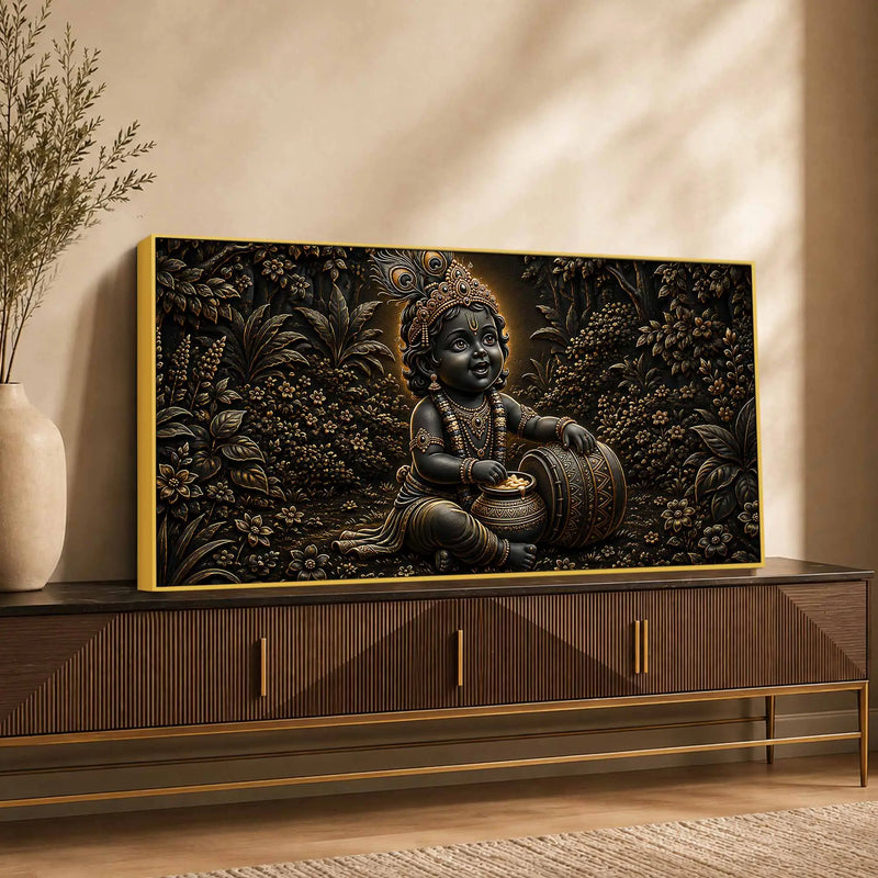 Bal Krishna with Maakhan Matki Golden Metallic Look 3D Canvas Wall Painting