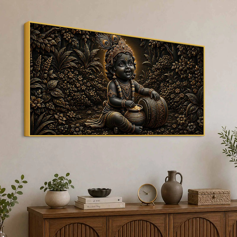 Bal Krishna with Maakhan Matki Golden Metallic Look 3D Canvas Wall Painting