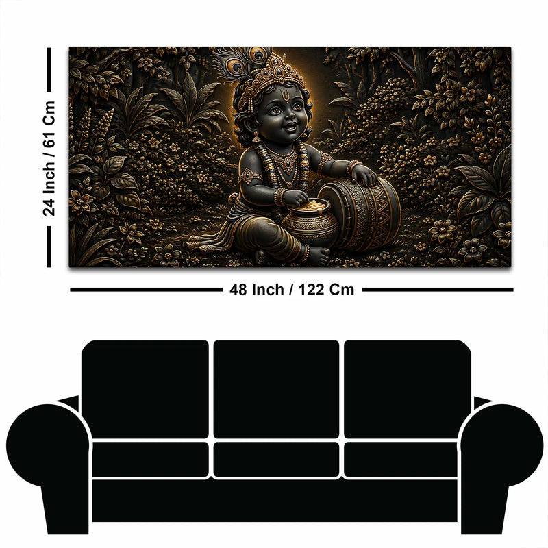 Bal Krishna with Maakhan Matki Golden Metallic Look 3D Canvas Wall Painting