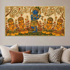 Bal Shri Krishna Playing Flute with Gopis Embroidery Tanjore Style 3D Canvas Wall Painting