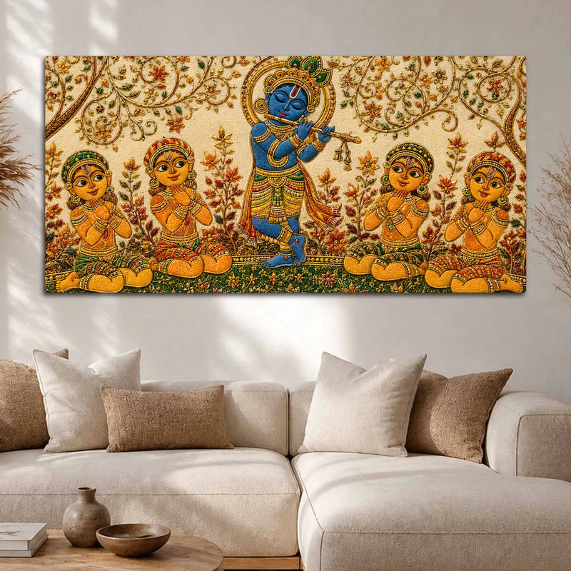 Bal Shri Krishna Playing Flute with Gopis Embroidery Tanjore Style 3D Canvas Wall Painting