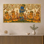 Bal Shri Krishna Playing Flute with Gopis Embroidery Tanjore Style 3D Canvas Wall Painting