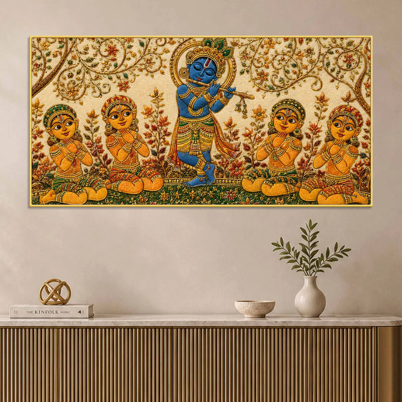 Bal Shri Krishna Playing Flute with Gopis Embroidery Tanjore Style 3D Canvas Wall Painting