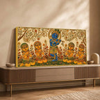 Bal Shri Krishna Playing Flute with Gopis Embroidery Tanjore Style 3D Canvas Wall Painting