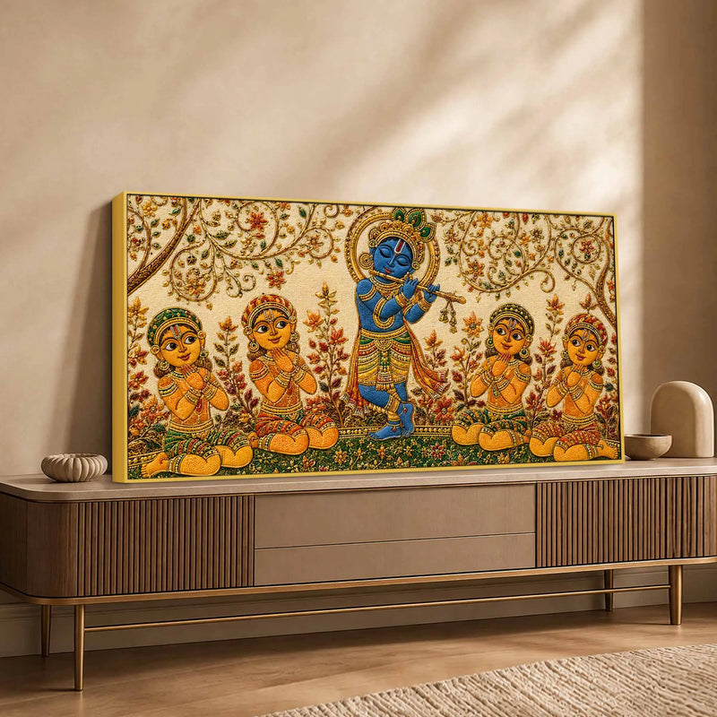 Bal Shri Krishna Playing Flute with Gopis Embroidery Tanjore Style 3D Canvas Wall Painting