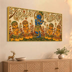 Bal Shri Krishna Playing Flute with Gopis Embroidery Tanjore Style 3D Canvas Wall Painting