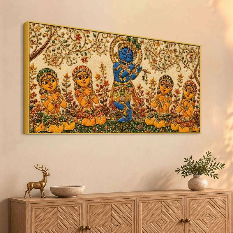 Bal Shri Krishna Playing Flute with Gopis Embroidery Tanjore Style 3D Canvas Wall Painting