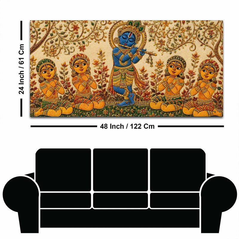 Bal Shri Krishna Playing Flute with Gopis Embroidery Tanjore Style 3D Canvas Wall Painting