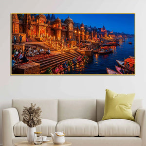 Banaras Ganga River Night View Canvas Painting for Wall Decoration