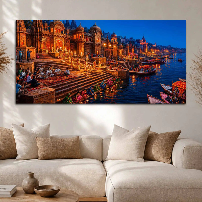 Banaras Ganga River Night View Canvas Painting for Wall Decoration
