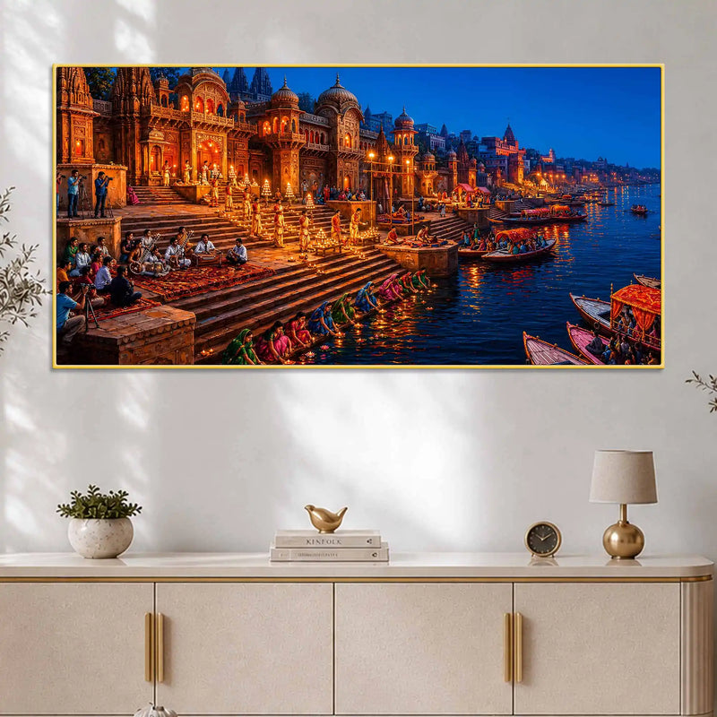 Banaras Ganga River Night View Canvas Painting for Wall Decoration