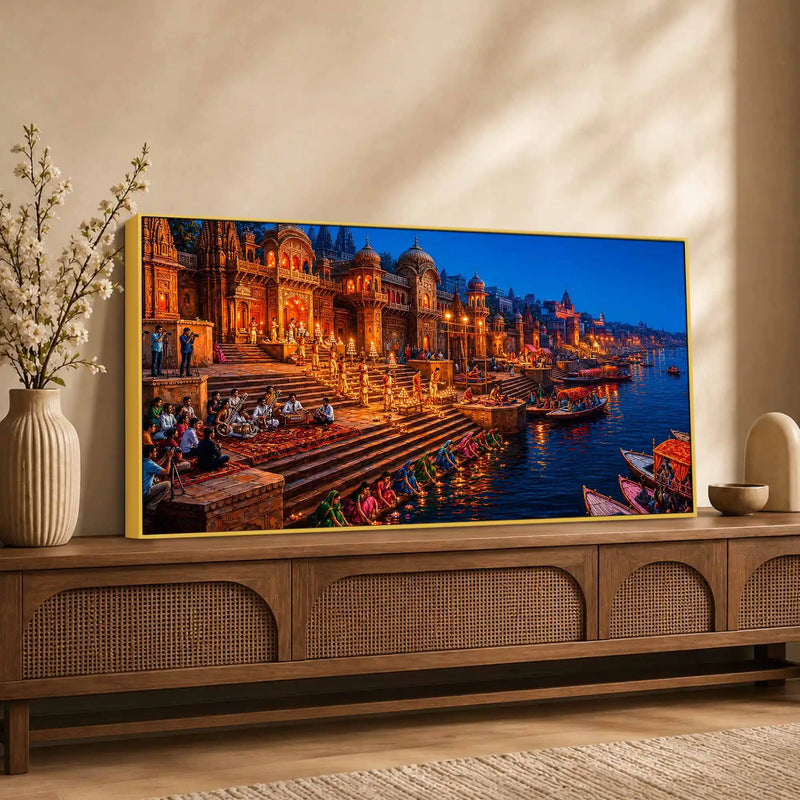 Banaras Ganga River Night View Canvas Painting for Wall Decoration
