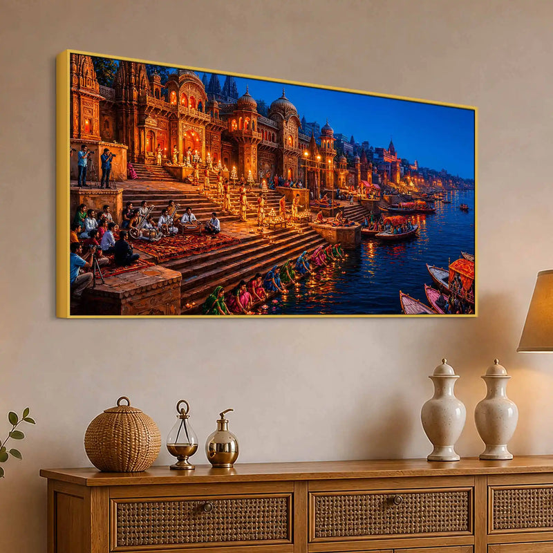 Banaras Ganga River Night View Canvas Painting for Wall Decoration