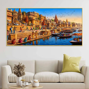 Banaras Ghat Cultural Scene Canvas Painting for Living Room Decor