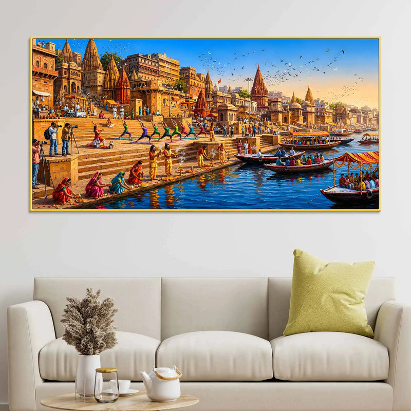 Banaras Ghat Cultural Scene Canvas Painting for Living Room Decor