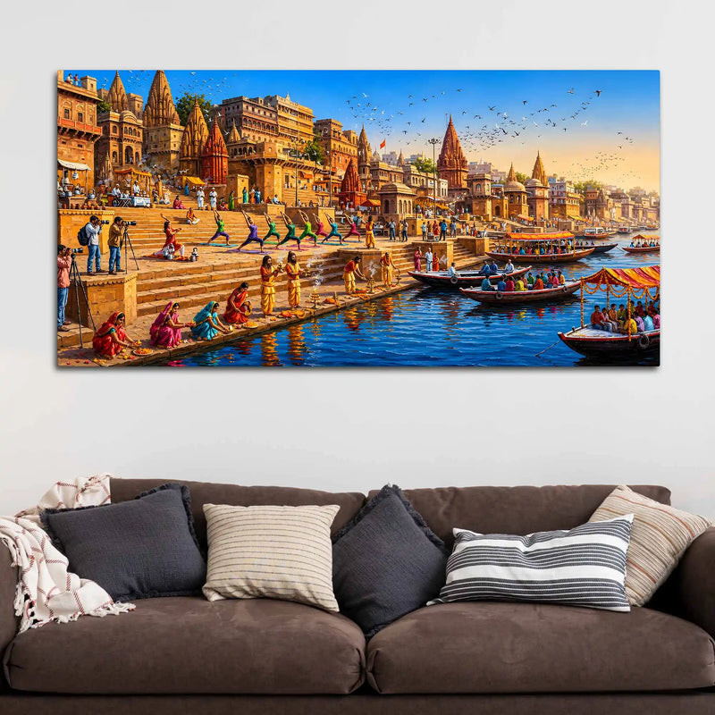Banaras Ghat Cultural Scene Canvas Painting for Living Room Decor