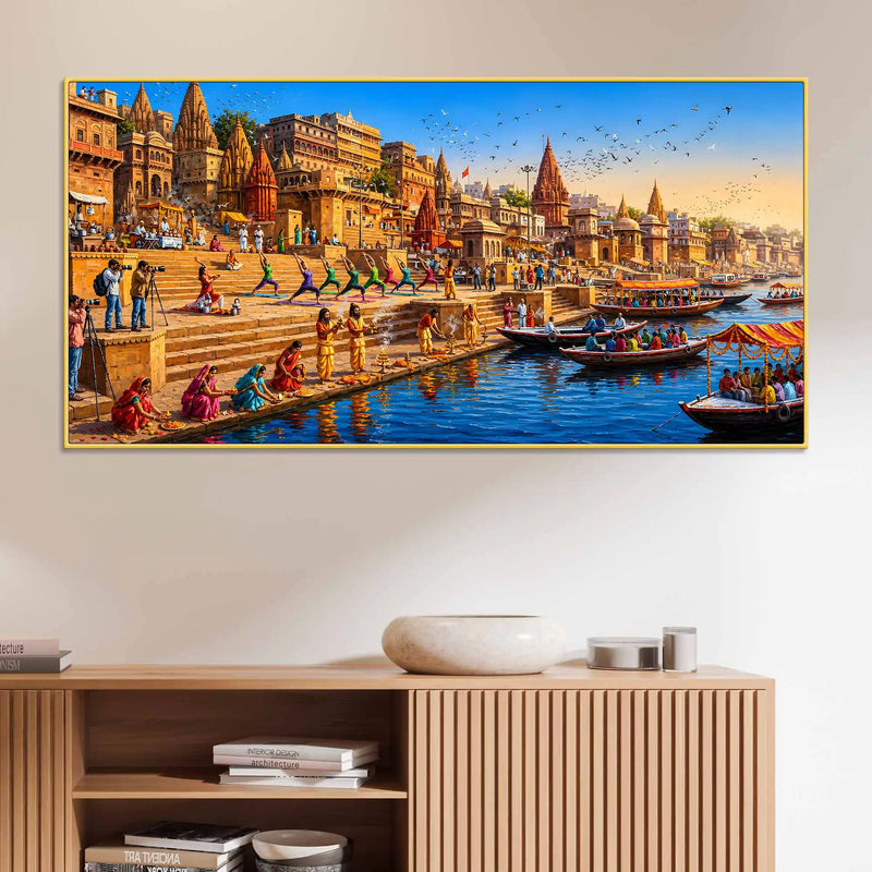 Banaras Ghat Cultural Scene Canvas Painting for Living Room Decor