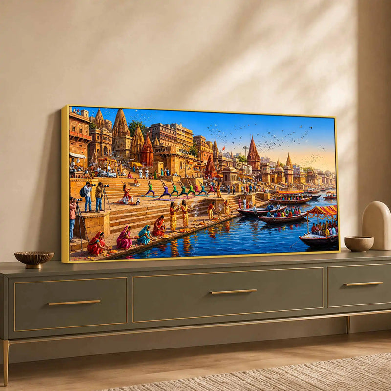 Banaras Ghat Cultural Scene Canvas Painting for Living Room Decor