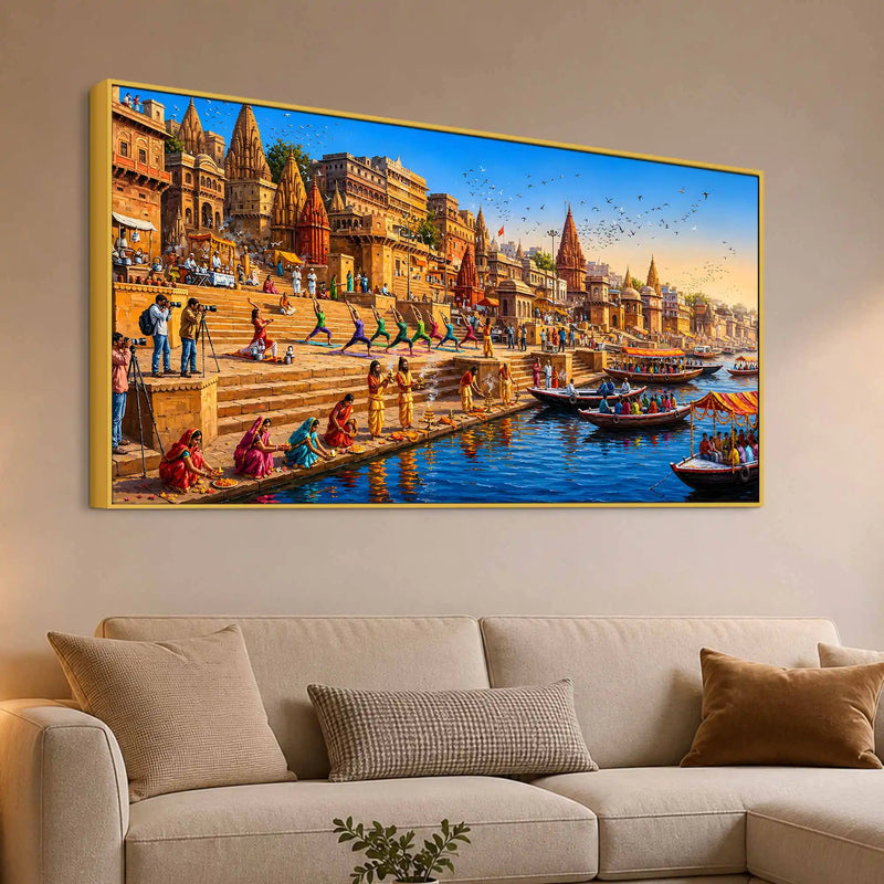 Banaras Ghat Cultural Scene Canvas Painting for Living Room Decor