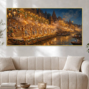 Banaras Ghat Ganga Aarti Canvas Painting for Home Decoration