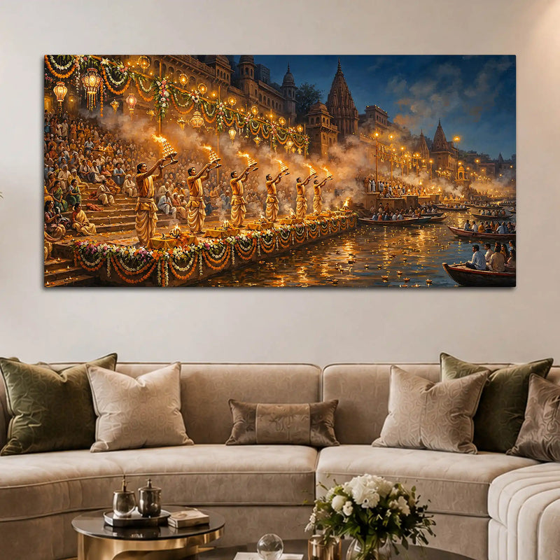 Banaras Ghat Ganga Aarti Canvas Painting for Home Decoration