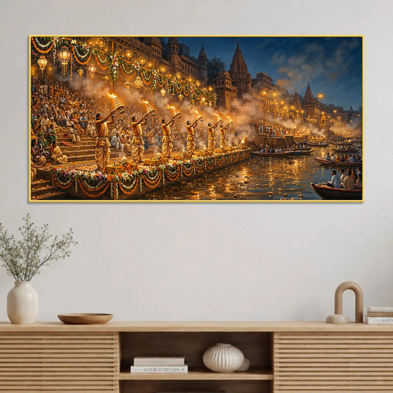Banaras Ghat Ganga Aarti Canvas Painting for Home Decoration