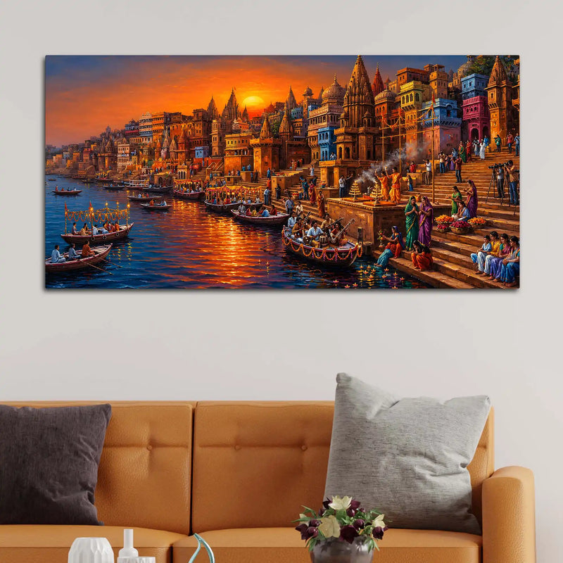 Banaras Ghat Sunset Aarti Canvas Painting for Living Room Decor