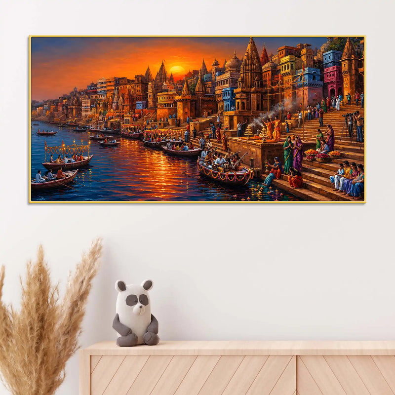 Banaras Ghat Sunset Aarti Canvas Painting for Living Room Decor
