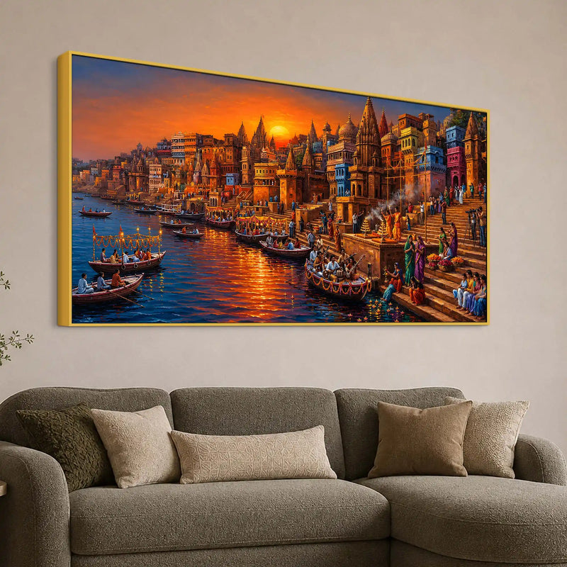 Banaras Ghat Sunset Aarti Canvas Painting for Living Room Decor