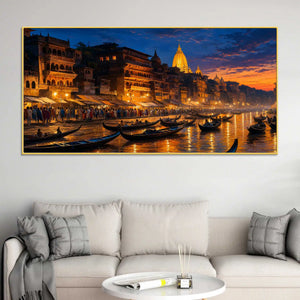 Banaras Ghat Sunset Canvas Painting for Living Room Decor