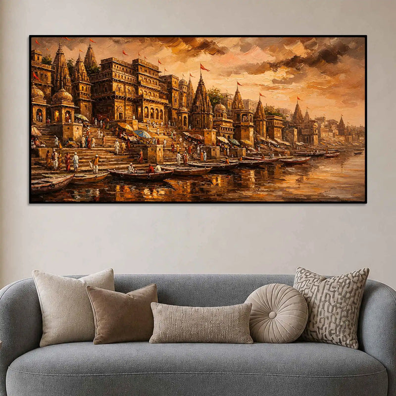 Banaras Ghat Temple Canvas Painting for Living Room Wall Decor and Home Decoration