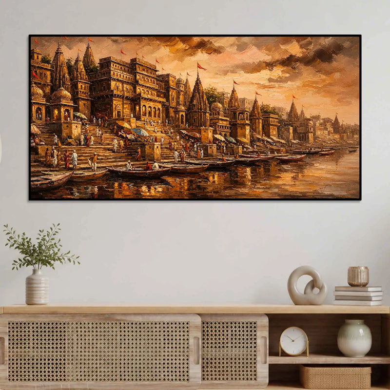 Banaras Ghat Temple Canvas Painting for Living Room Wall Decor and Home Decoration