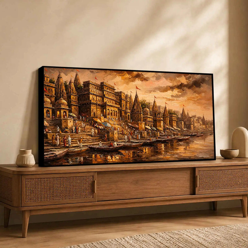 Banaras Ghat Temple Canvas Painting for Living Room Wall Decor and Home Decoration