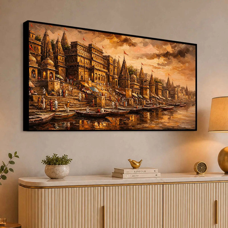 Banaras Ghat Temple Canvas Painting for Living Room Wall Decor and Home Decoration