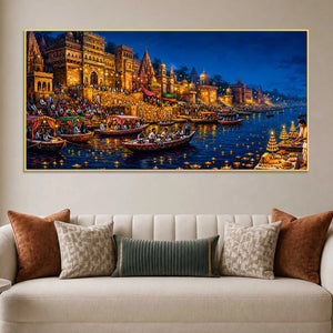 Banaras Ghats Diya and Boat Scene Canvas Painting for Living Room Decor