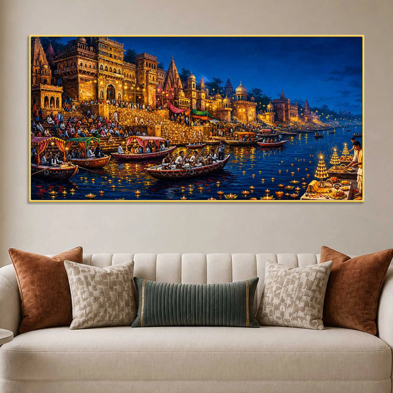 Banaras Ghats Diya and Boat Scene Canvas Painting for Living Room Decor