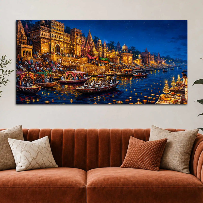 Banaras Ghats Diya and Boat Scene Canvas Painting for Living Room Decor