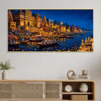 Banaras Ghats Diya and Boat Scene Canvas Painting for Living Room Decor