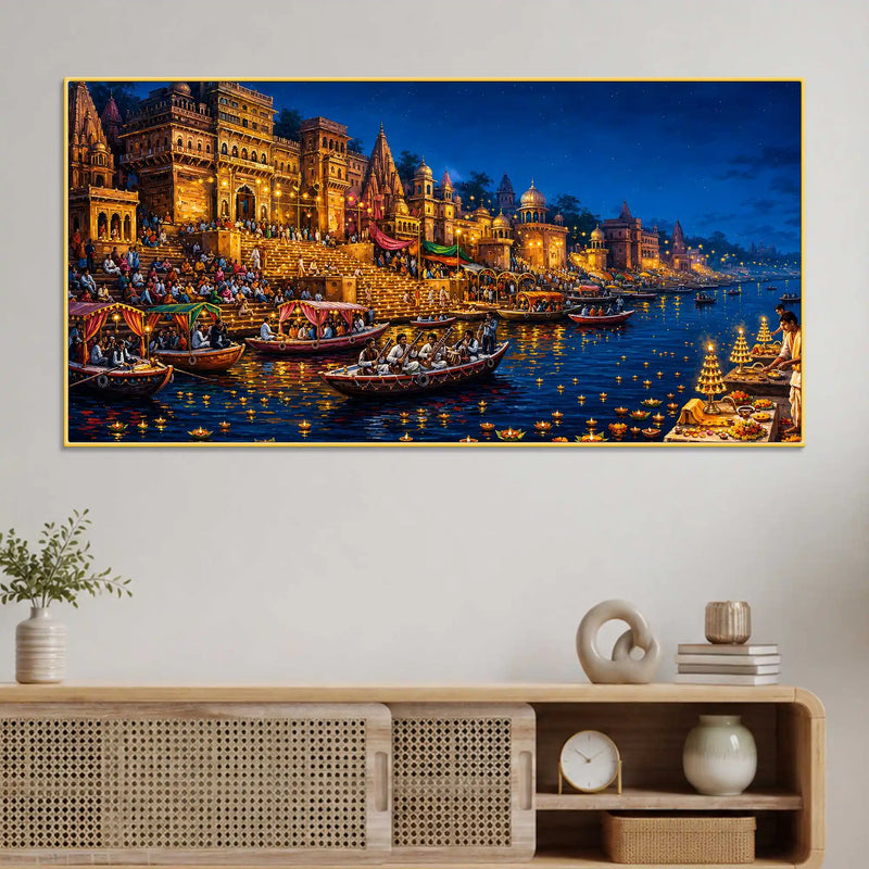 Banaras Ghats Diya and Boat Scene Canvas Painting for Living Room Decor