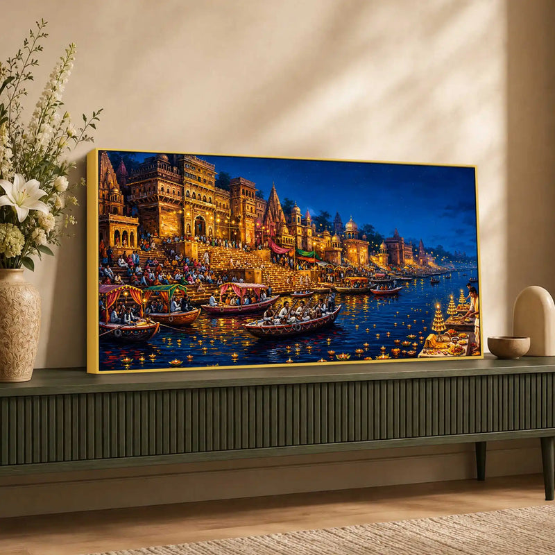 Banaras Ghats Diya and Boat Scene Canvas Painting for Living Room Decor